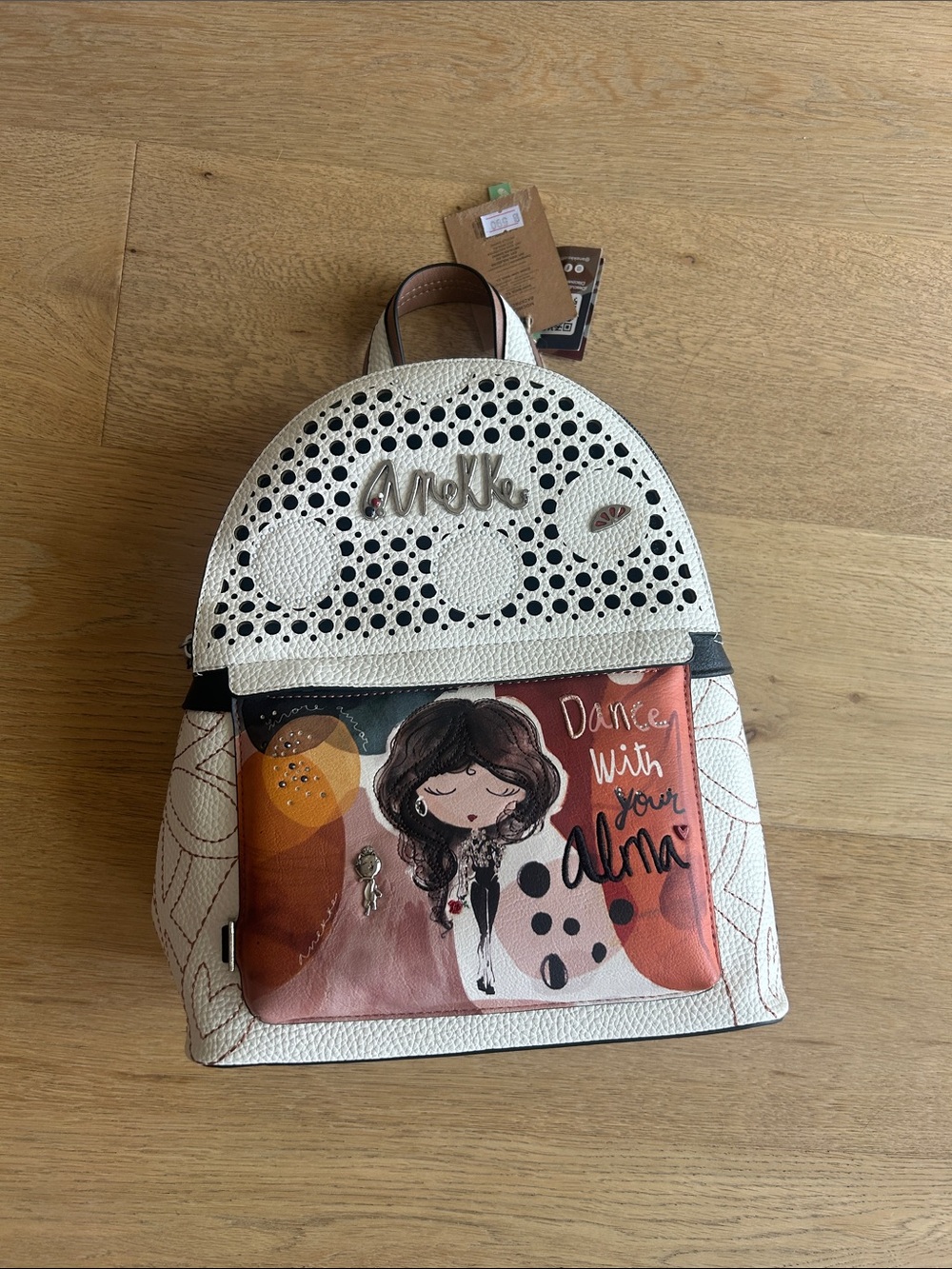 White 'Dance With Your Alma' Printed Mini Backpack with matching wallet